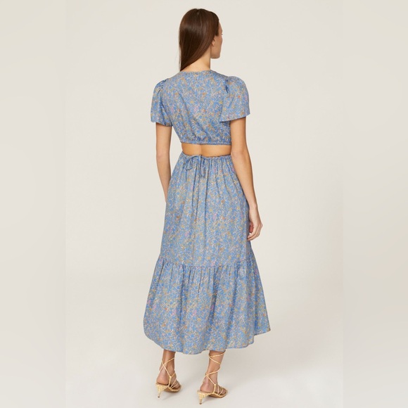XíRENA Gabrielle Cutout Dress Size Large Blue Floral Midi V Neck Flutter Sleeve - Picture 4 of 17